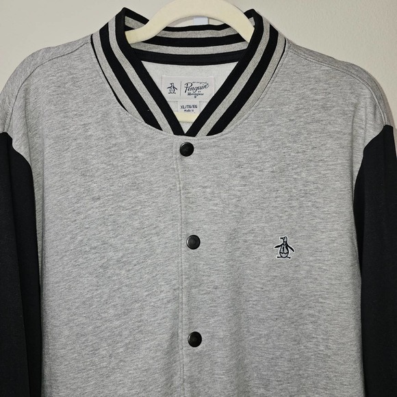 PENGUIN Men's Varsity Gray & Black Rib Knit Button Closure Bomber Jacket Sz XL - Picture 5 of 14